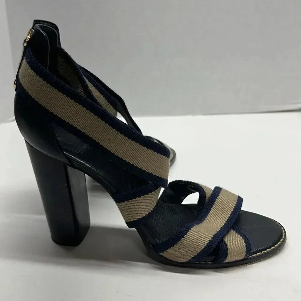 Tory Burch Laurie Criss Cross Elastic Strap Chunky Stacked High Heel Shoe 10